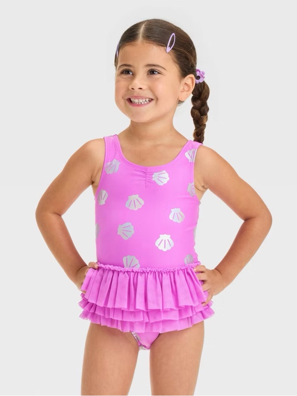 Toddler Girl Purple Shell Print Ruffle Skirted One-Piece Swimsuit